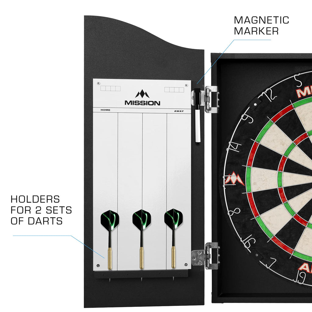 Mission Darts Home Centre | Complete Darts Package Including Apollo Dartboard With Cabinet, Easy Wipe Score Panels And 2 Sets Of