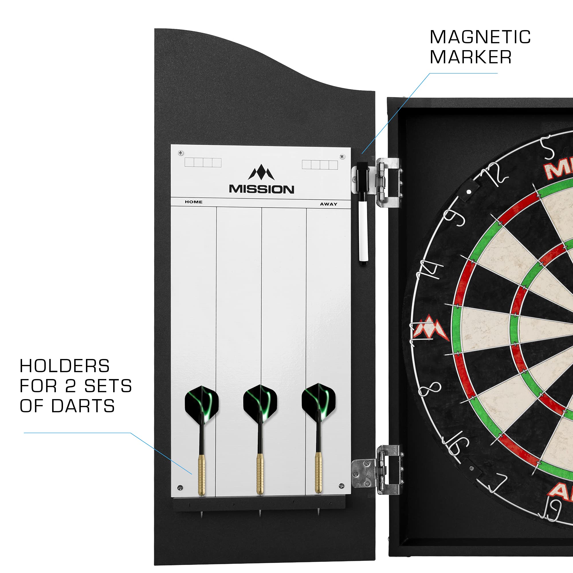 Mission Darts Home Centre | Complete Darts Package Including Apollo Dartboard With Cabinet, Easy Wipe Score Panels And 2 Sets Of