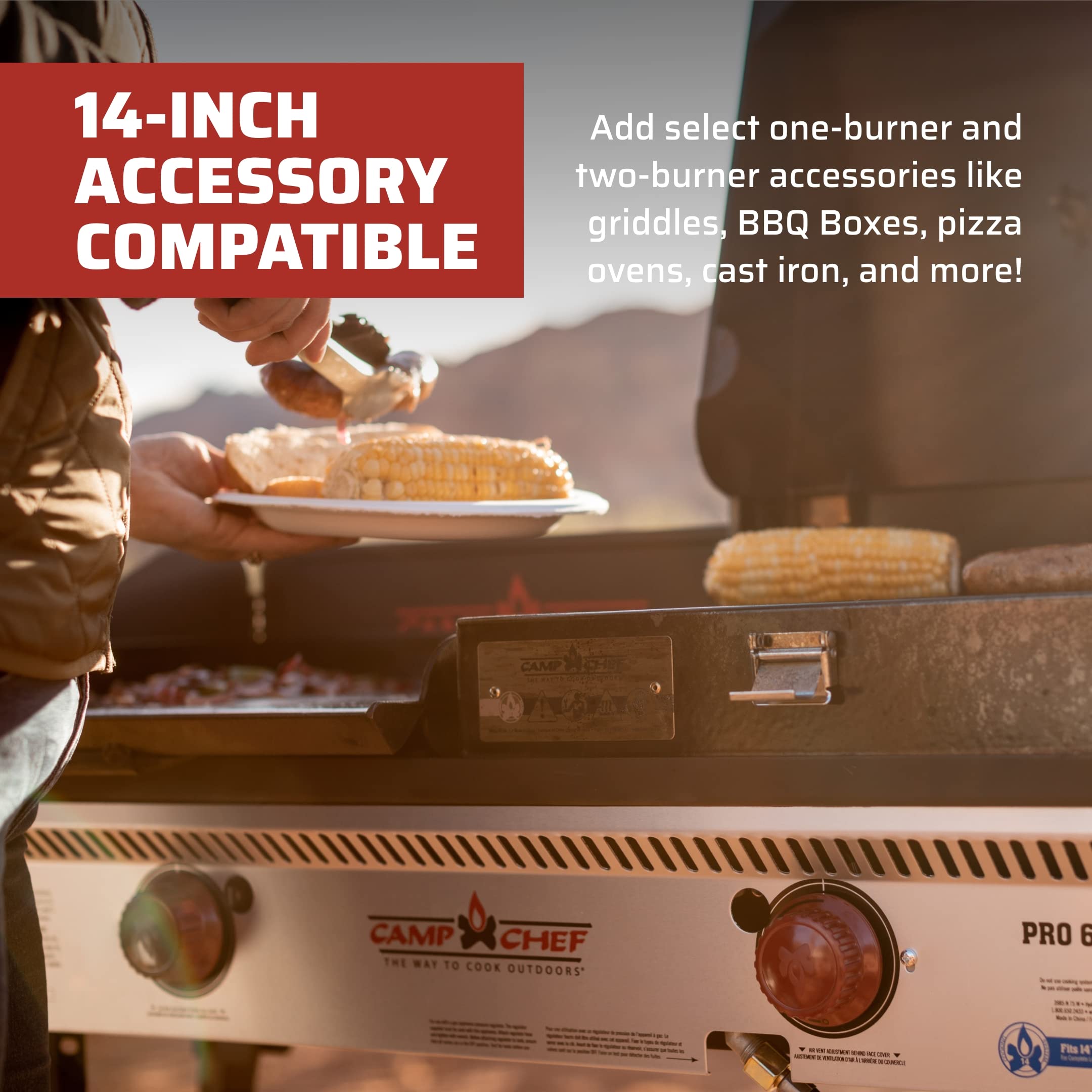 Camp Chef Pro 14 Cooking System - Two-Burner Camp Stove - Includes Windscreen & Matchless Ignition - Portable Camping Cooking St