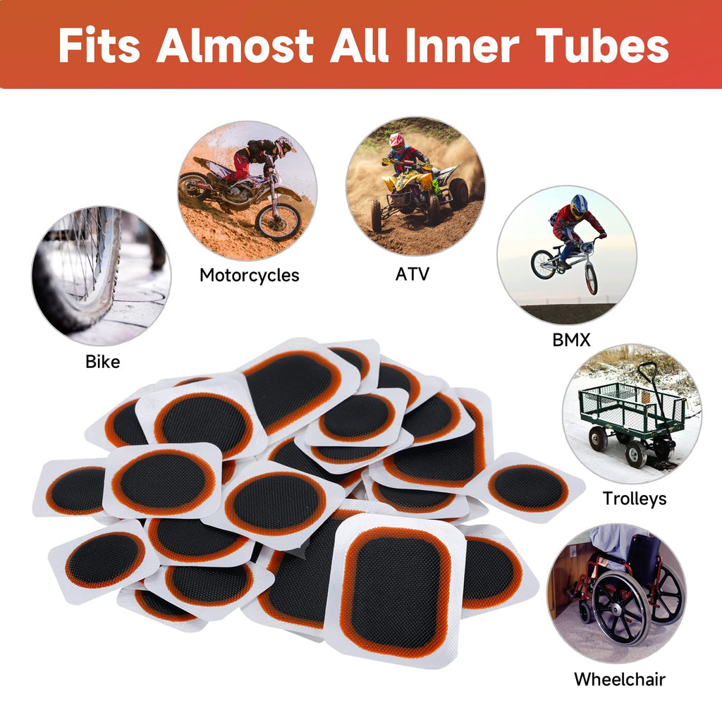Bike Inner Tire Patch Repair Kit - With 11 Pcs Vulcanizing Patches, 6 Pcs Pre Glued Patchs, Portable Storage Box, Metal Rasp And