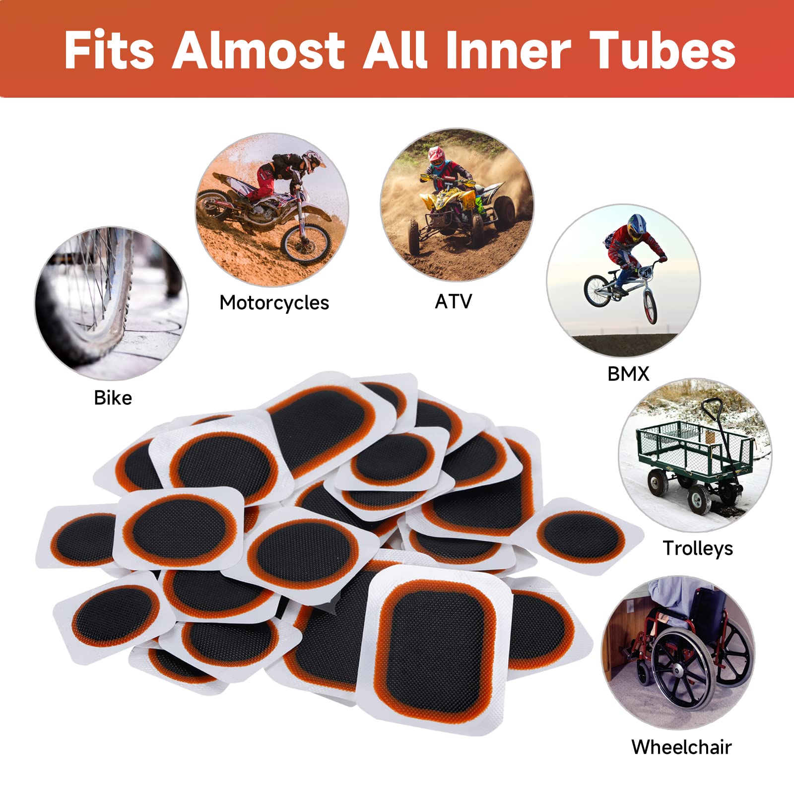 Bike Inner Tire Patch Repair Kit - With 11 Pcs Vulcanizing Patches, 6 Pcs Pre Glued Patchs, Portable Storage Box, Metal Rasp And