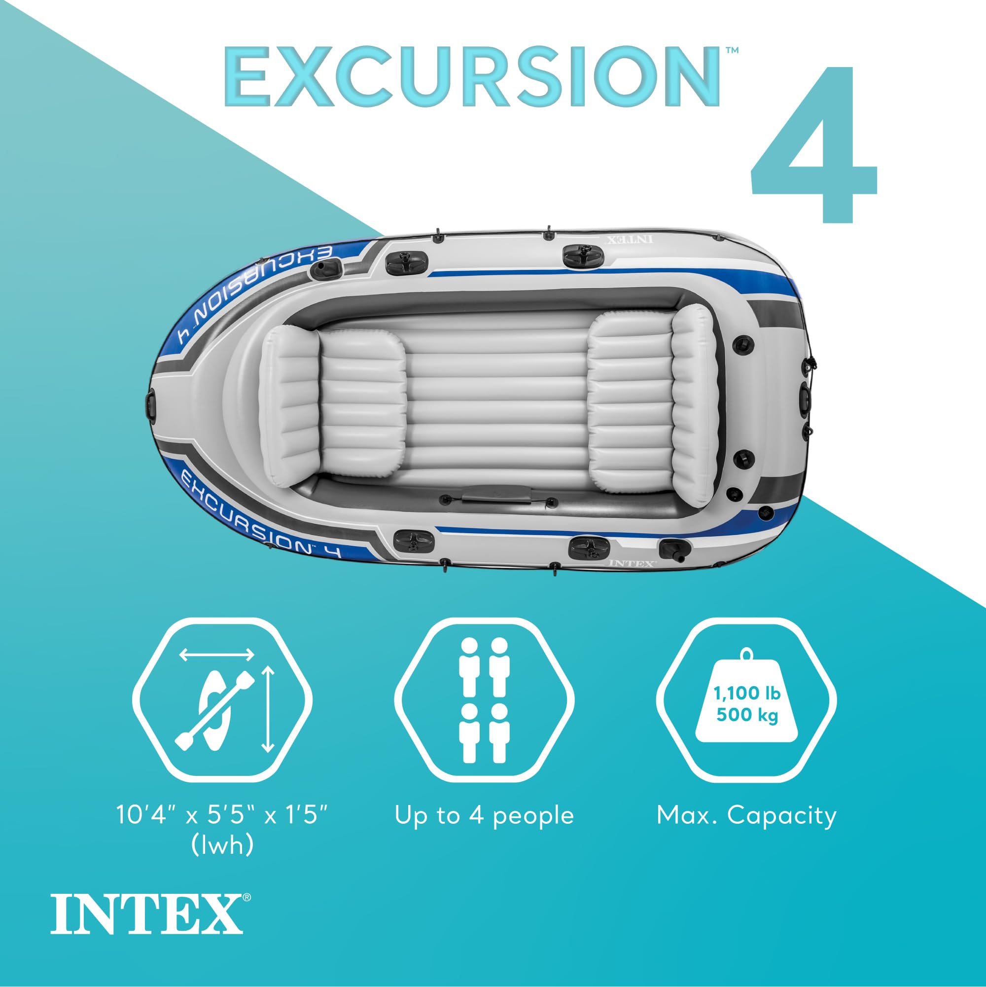 Intex 68324Ep Excursion 4 Inflatable Boat Set: Includes Deluxe 54In Aluminum Oars And High-Output Pump - Adjustable Seats With B