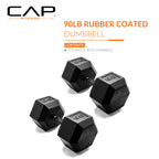 CAP Barbell 90 LB Rubber Coated Hex Dumbbell Hand Weight - Pair | Black Handle