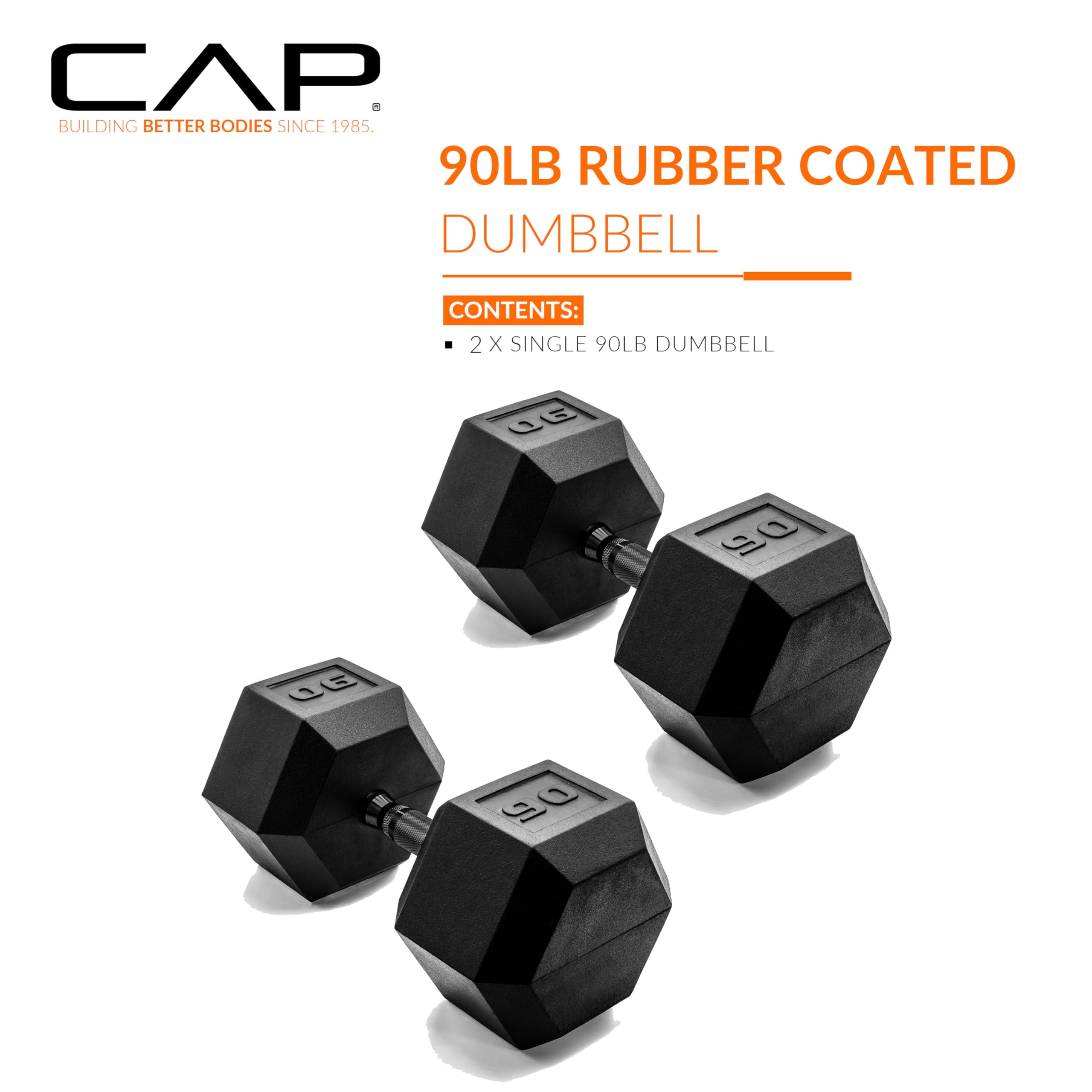 CAP Barbell 90 LB Rubber Coated Hex Dumbbell Hand Weight - Pair | Black Handle