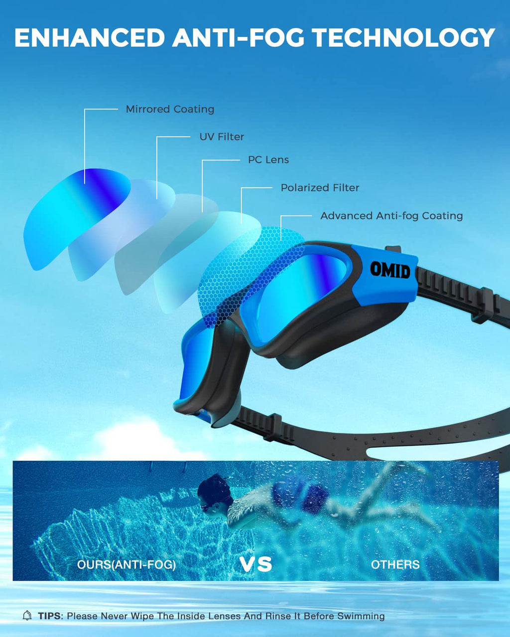 Omid Kids Swim Goggles, P2 Comfortable Polarized Unisex-Child Swimming Goggles, Anti-Fog No Leaking Swim Goggles With Uv Protect