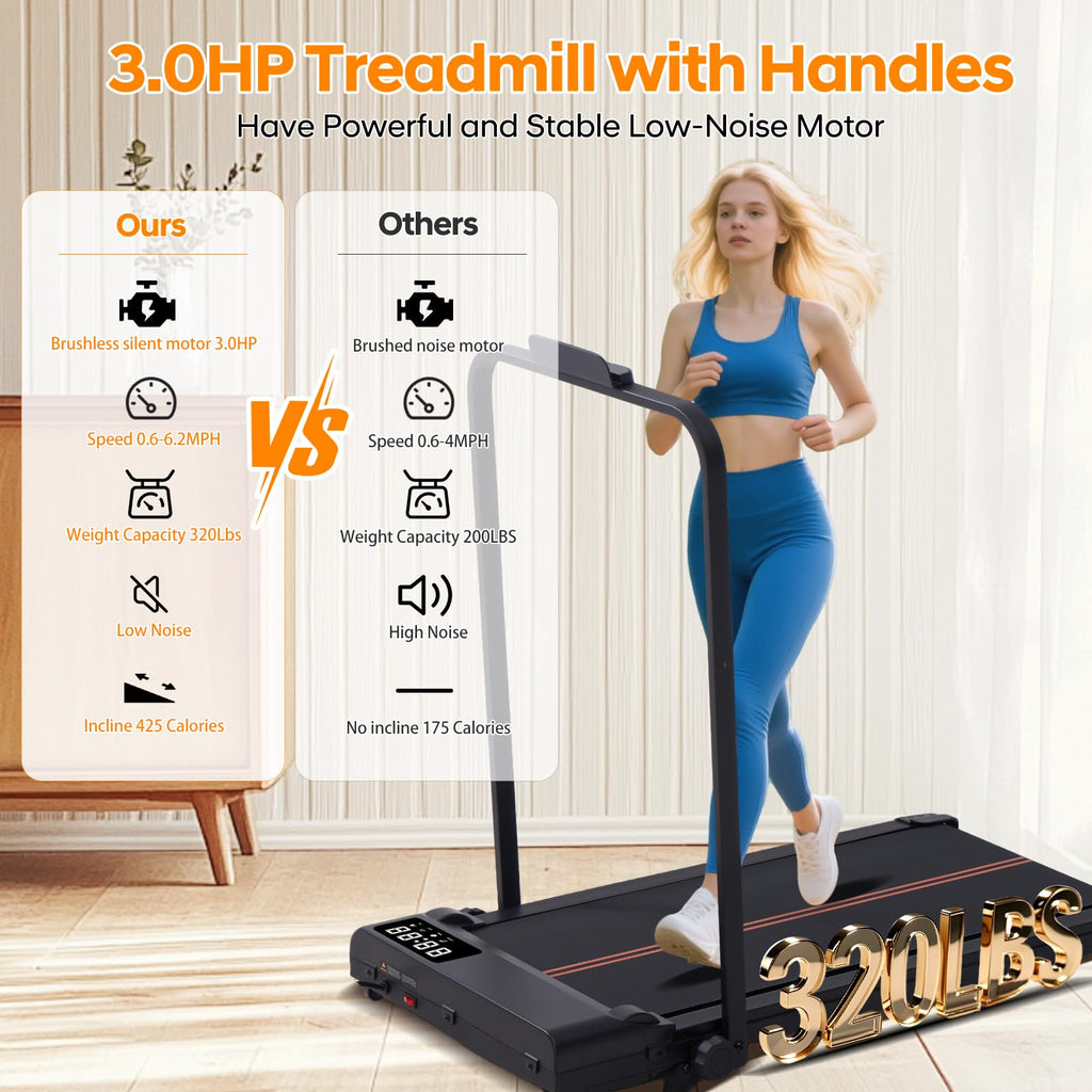 Walking Pad With Handle Bar And Incline, 3.0Hp Portable Small Treadmills With Handles For Home Small Spaces, 0.6-6.2Mph Electric