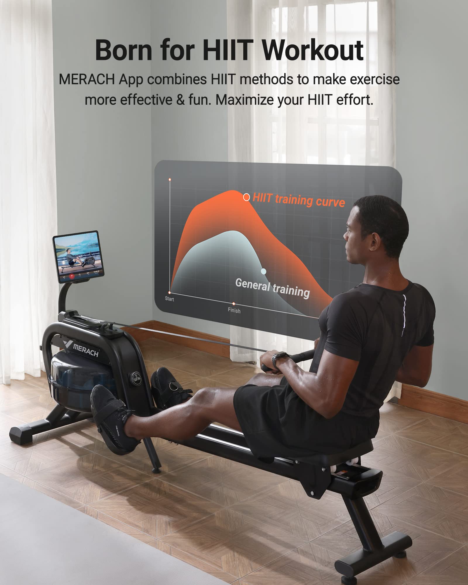 Merach Water Magnetic Rowing Machine, Bluetooth Rower Machine With App Compatible And Dual Slide Rail, 350Lb Max Weight, 16 Leve