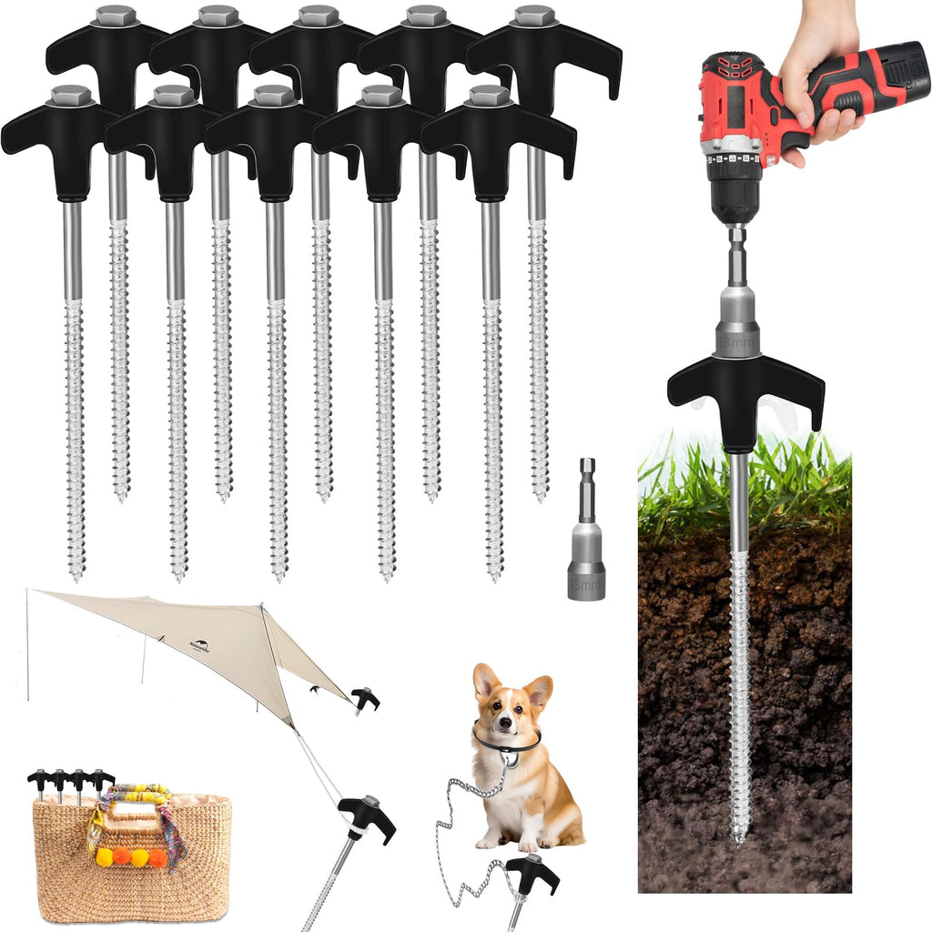 12 Pack 8 Screw In Tent Stakes Heavy Duty- Ground Anchors Screw- Tent Pegs Camping Stakes- Hex Pegs Drillable Tent Stakes And He