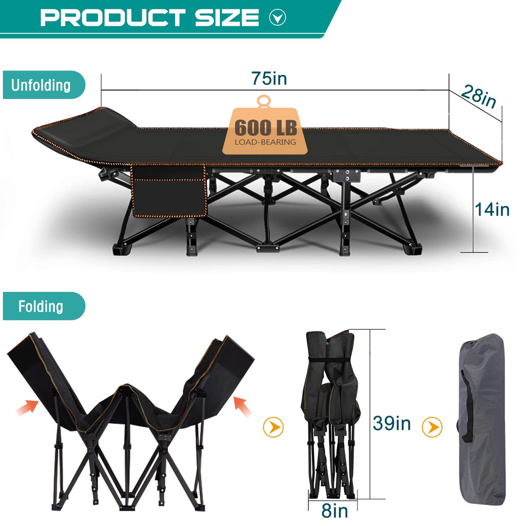 Aboron Folding Camping Cot For Adults, Double Layer 1200D 500Lb Loading Cot For Sleeping, Heavy Duty Guest Cot With Mat & Carryi