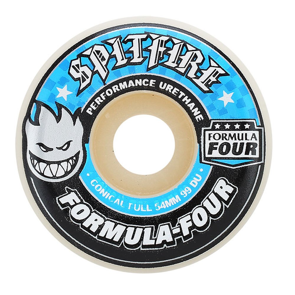 Spitfire Wheels Formula Four Conical Full White W/Blue Skateboard Wheels - 52Mm 99A (Set Of 4)