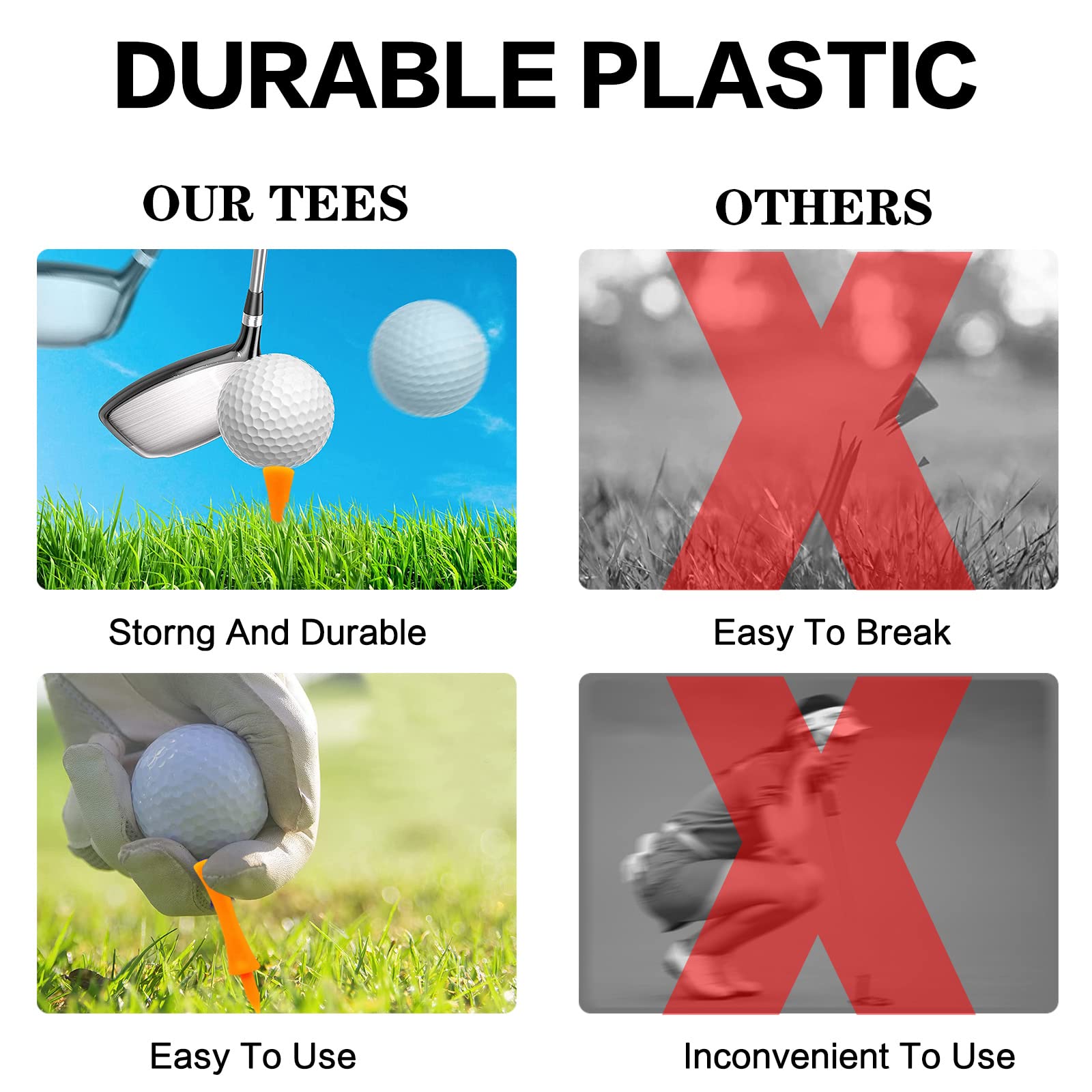 Finger Ten Golf Tees Unbreakable Step Down Plastic Mixed Size Bulk Value 100 Count, 2 3/4, 2 1/4, 2, 1 3/4, 1 1/2 Inch Height Co