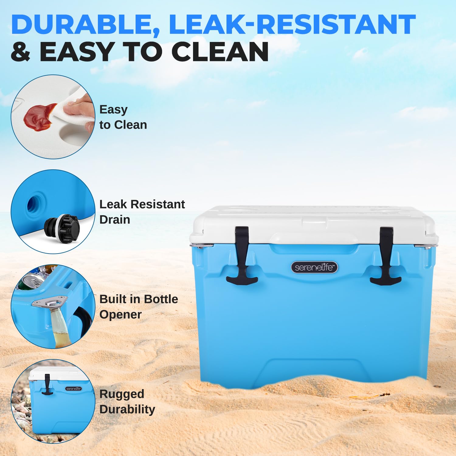 Serenelife 25 Quart Portable Cooler Box - Lightweight Heavy-Duty Travel Ice Cooler With 2-Way Handles, Drain - 5 Days Ice Retent