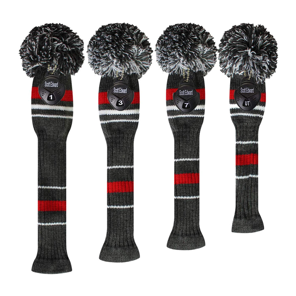 Scott Edward Grey Warning Stripes Golf Club Head Covers,Rotatable Number Tags, Acrylic Yarn Double-Layers Knitted, Set Of 4