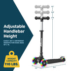 Lifemaster Mini 3-Wheel Kids Scooter with Multi-Color Wheel Lights - 4-Height Adjustable Handlebar, Wide Anti-Slip Deck, Child S