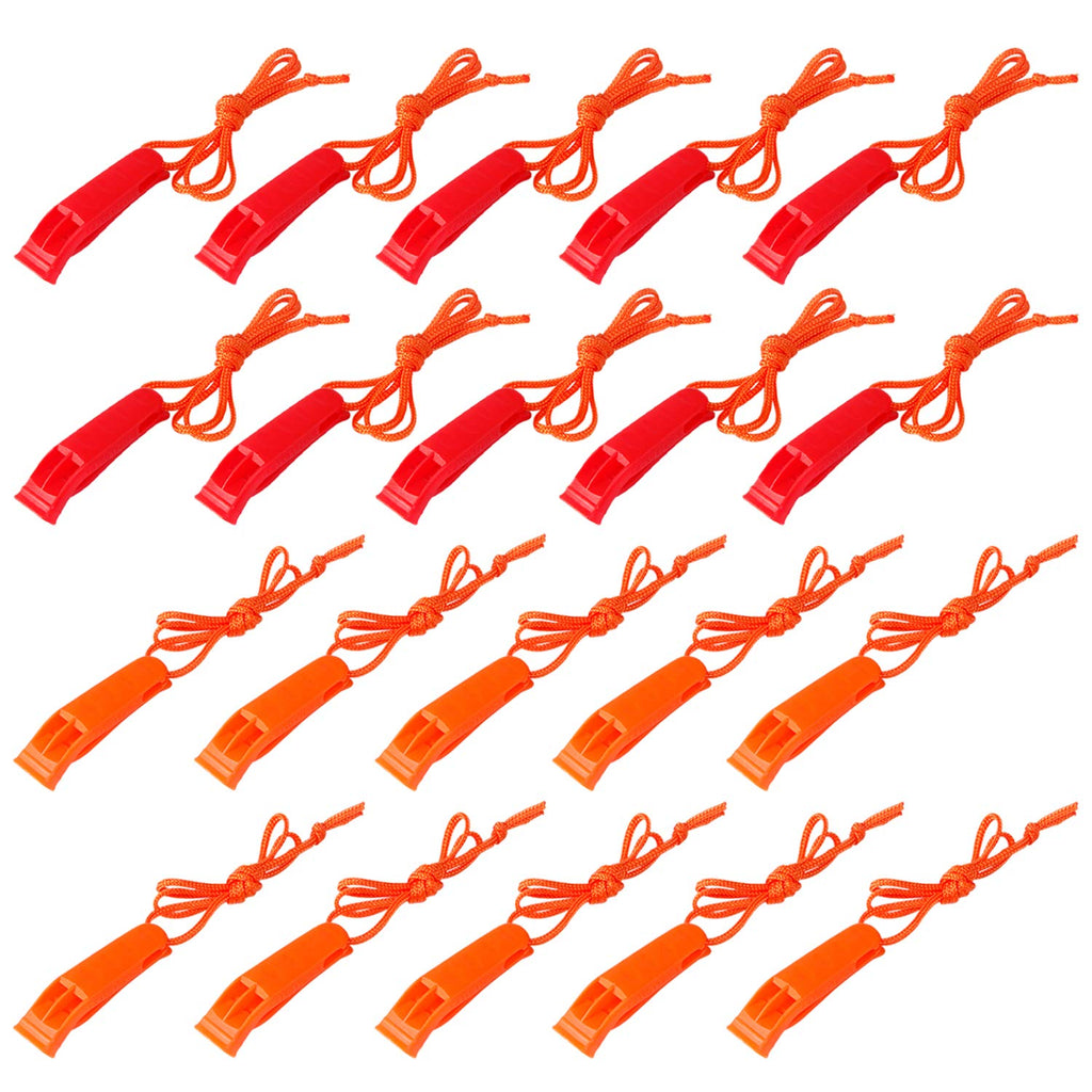 Augsun 20 Pcs Emergency Safety Whistle Plastic Whistles Set With Lanyard,Red And Orange