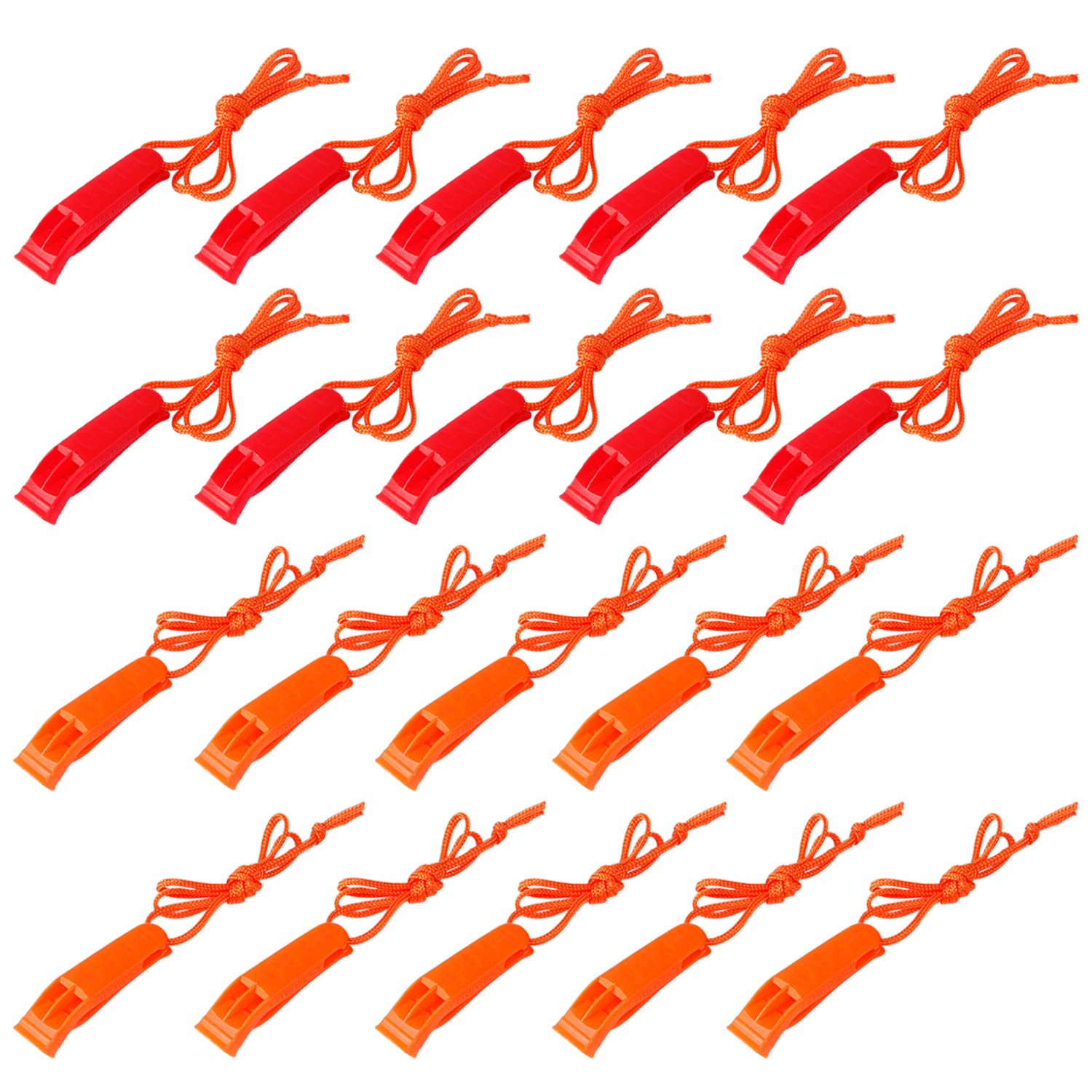 Augsun 20 Pcs Emergency Safety Whistle Plastic Whistles Set With Lanyard,Red And Orange