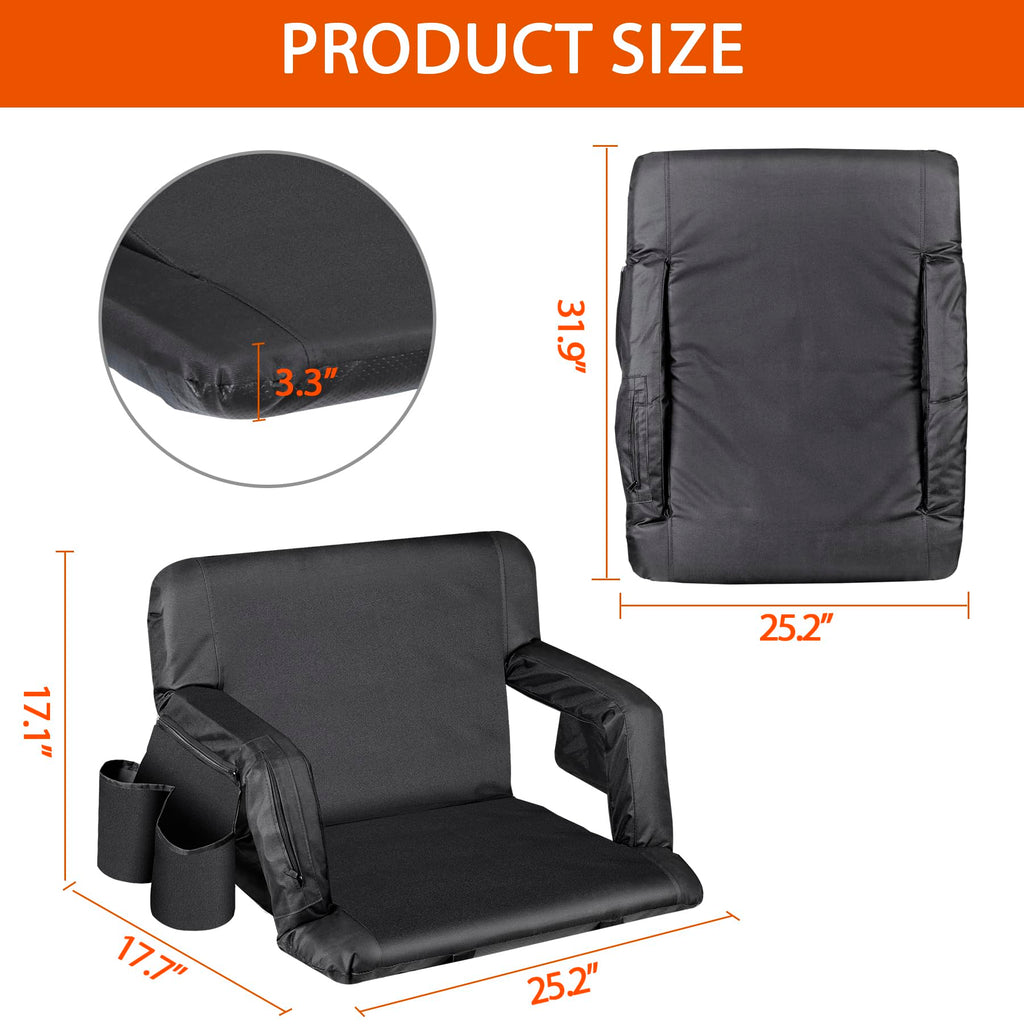 Lemy Heated Stadium Seat For Bleachers With Back Support,25 Wide 6-Position Reclining Padded Cushion,Black Portable Folding Chai