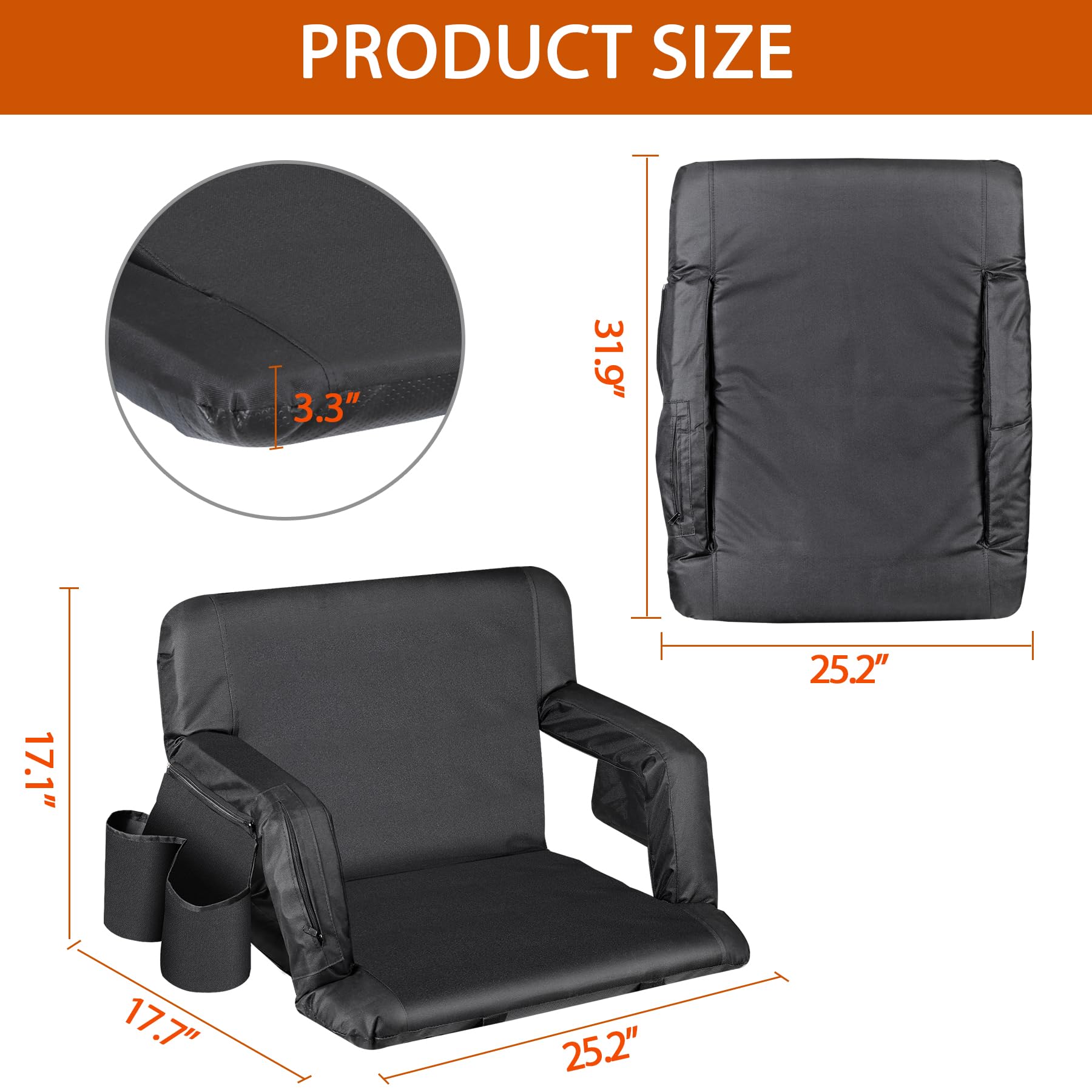 Lemy Heated Stadium Seat For Bleachers With Back Support,25 Wide 6-Position Reclining Padded Cushion,Black Portable Folding Chai