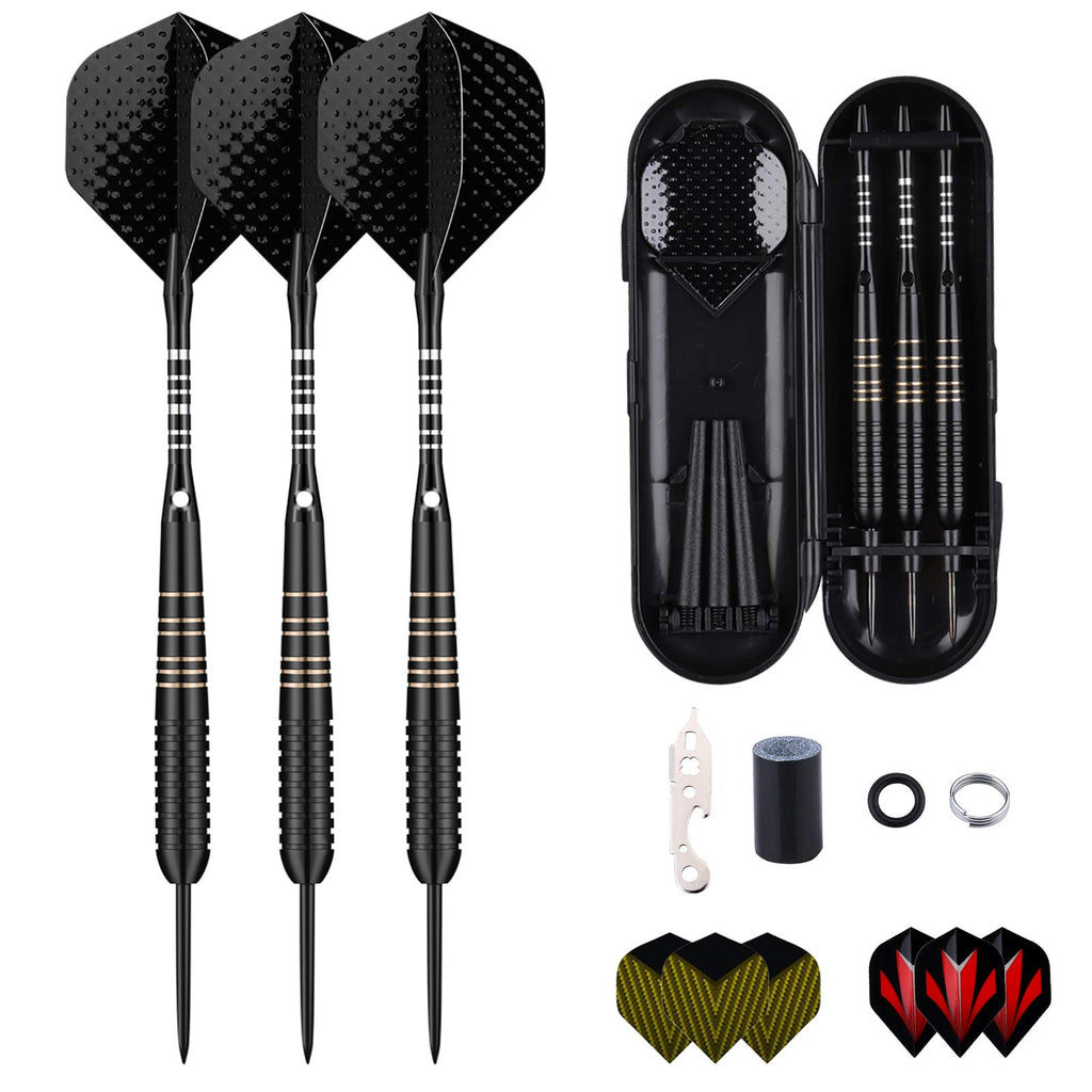 Steel Tip Darts Set For Dartboard, Professional Darts With Metal Tip 23 Grams, Brass Barrel + Black Aluminium Nylon Shafts 9 Fli