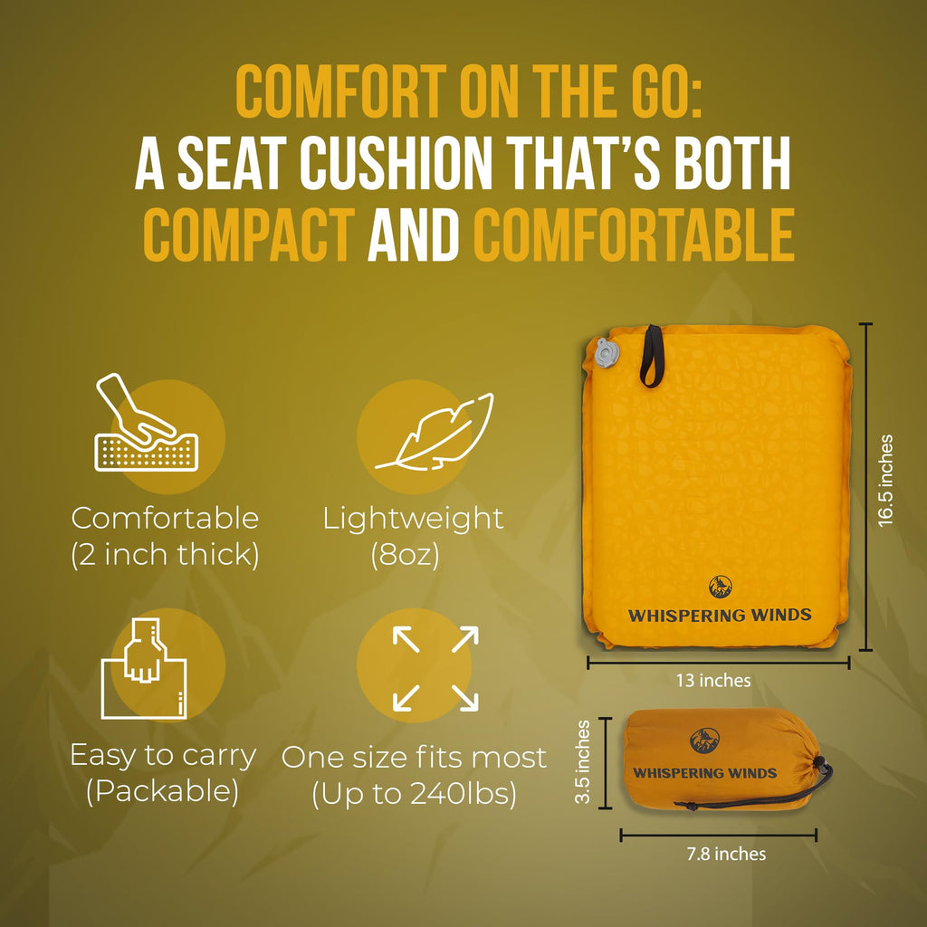 Whispering Winds Inflatable Seat Cushion For Air Travel, Stadium, Hiking, Airplane - Lightweight, Leakproof Self-Inflating Seat