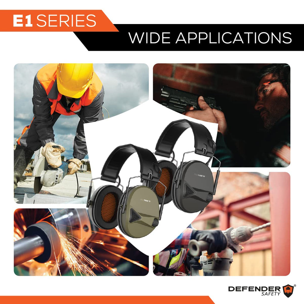 Defender Safety Decitech E1 Electronic Active Hearing Protection, Shooting, Range, Hunting, Tactical Earmuffs, 24 Nnr Rated. (Ta