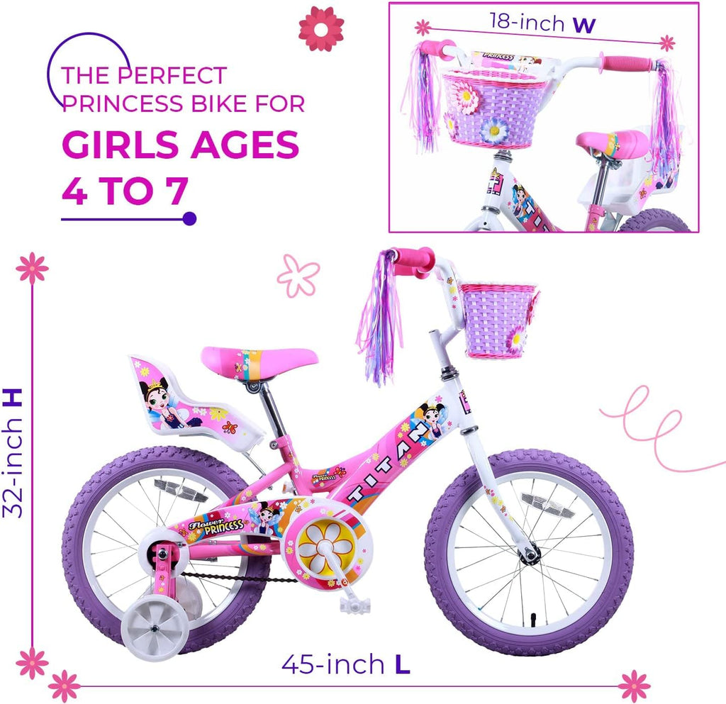 Titan Girl'S Flower Princess Bmx Bike For 4-9 Years Girls With Training Wheels 16 Inch Kids Toddler Bicycle With Utility Basket