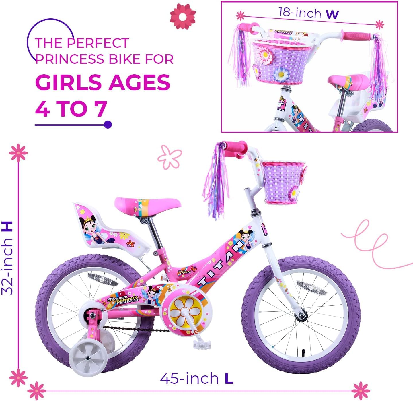 Titan Girl'S Flower Princess Bmx Bike For 4-9 Years Girls With Training Wheels 16 Inch Kids Toddler Bicycle With Utility Basket