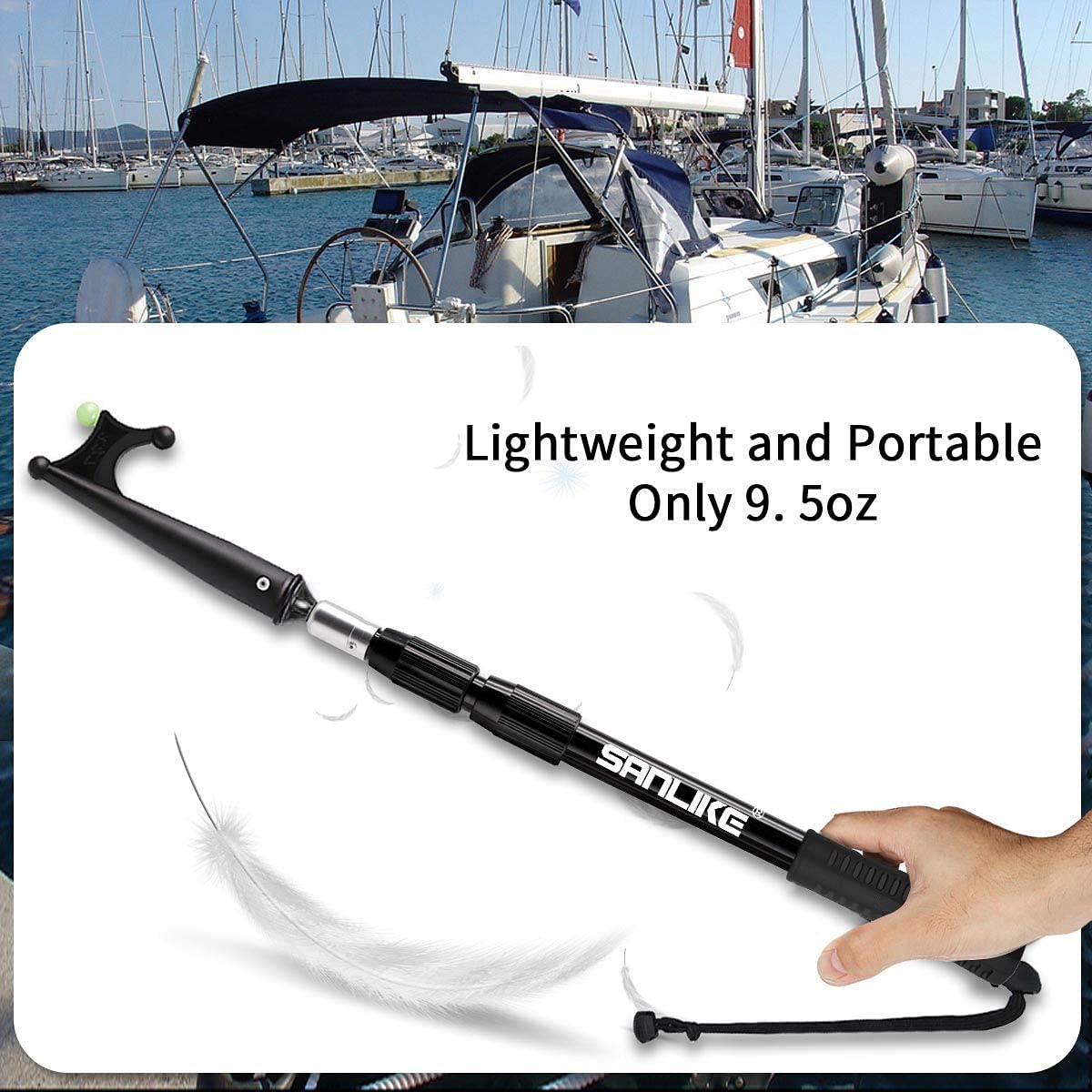 Sanlike Boat Hooks For Docking Telescoping Extension Pole Hook With Luminous Bead, Lightweight Floating, Non-Slip Rubber Handle,