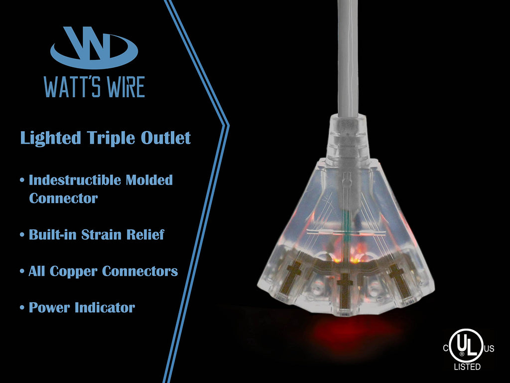 2 Ft - 12 Gauge Heavy Duty Outdoor Extension Cord - 3-Outlet Lighted Sjtw - White Heavy Duty Extension Cord By Watts Wire - Shor