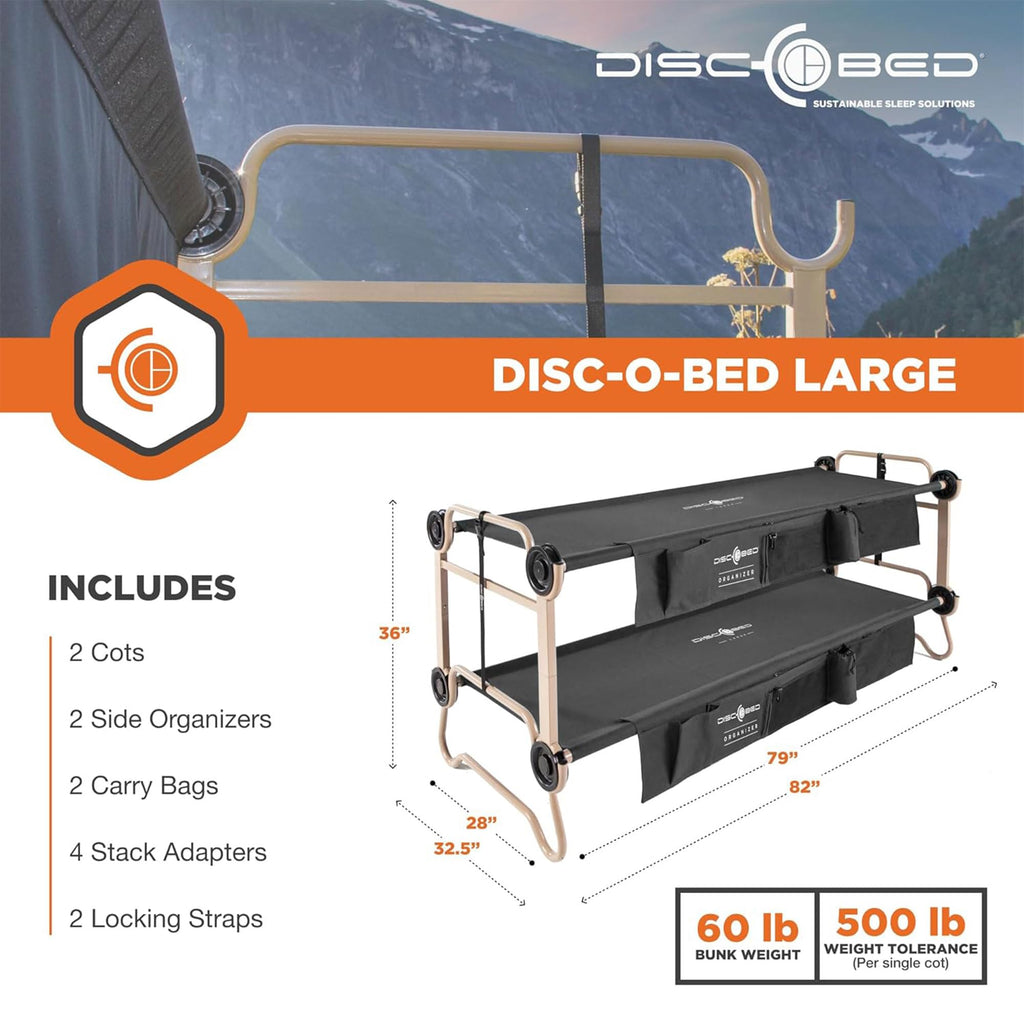 Disc-O-Bed Large Outdoor Convertible 2 Person Bench And Double Camping Cot Portable Bed Bunk System For Adults, Black