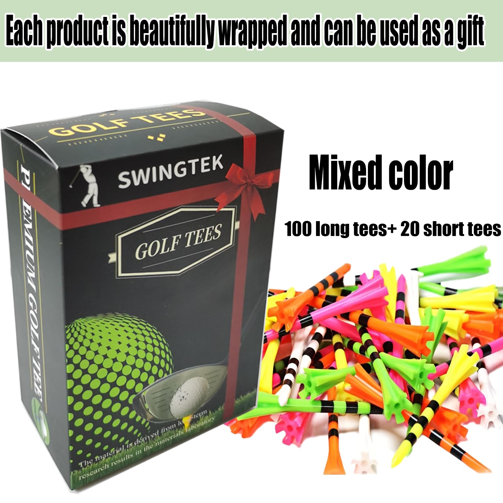 Swingtek 120 Pack Plastic Golf Tees,Contain 100 Pcs 3-1/4 Inch Unbreakable Long Tees And 20 Short Tees,Mixed Color,Frictional Re