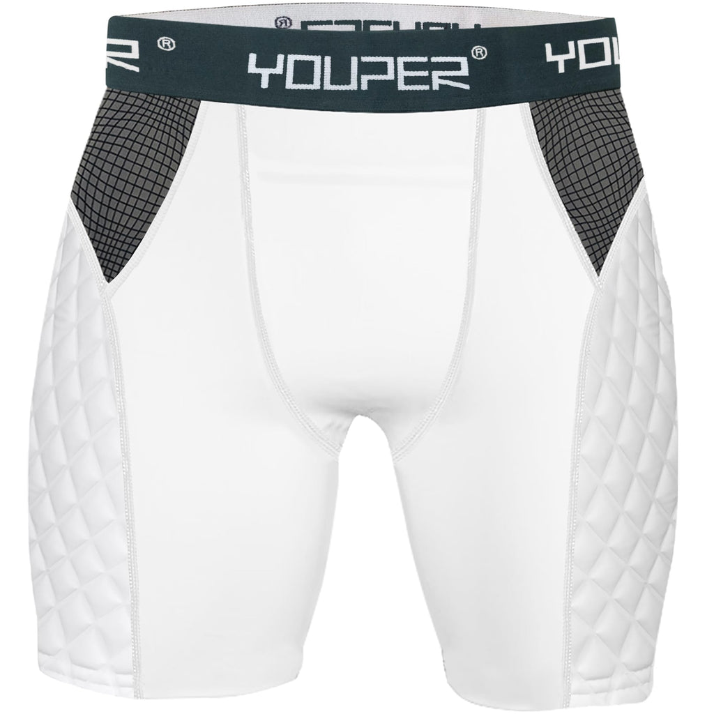 Youper Youth Elite Compression Padded Sliding Shorts W/Cup Pocket For Baseball, Football (White, Large)