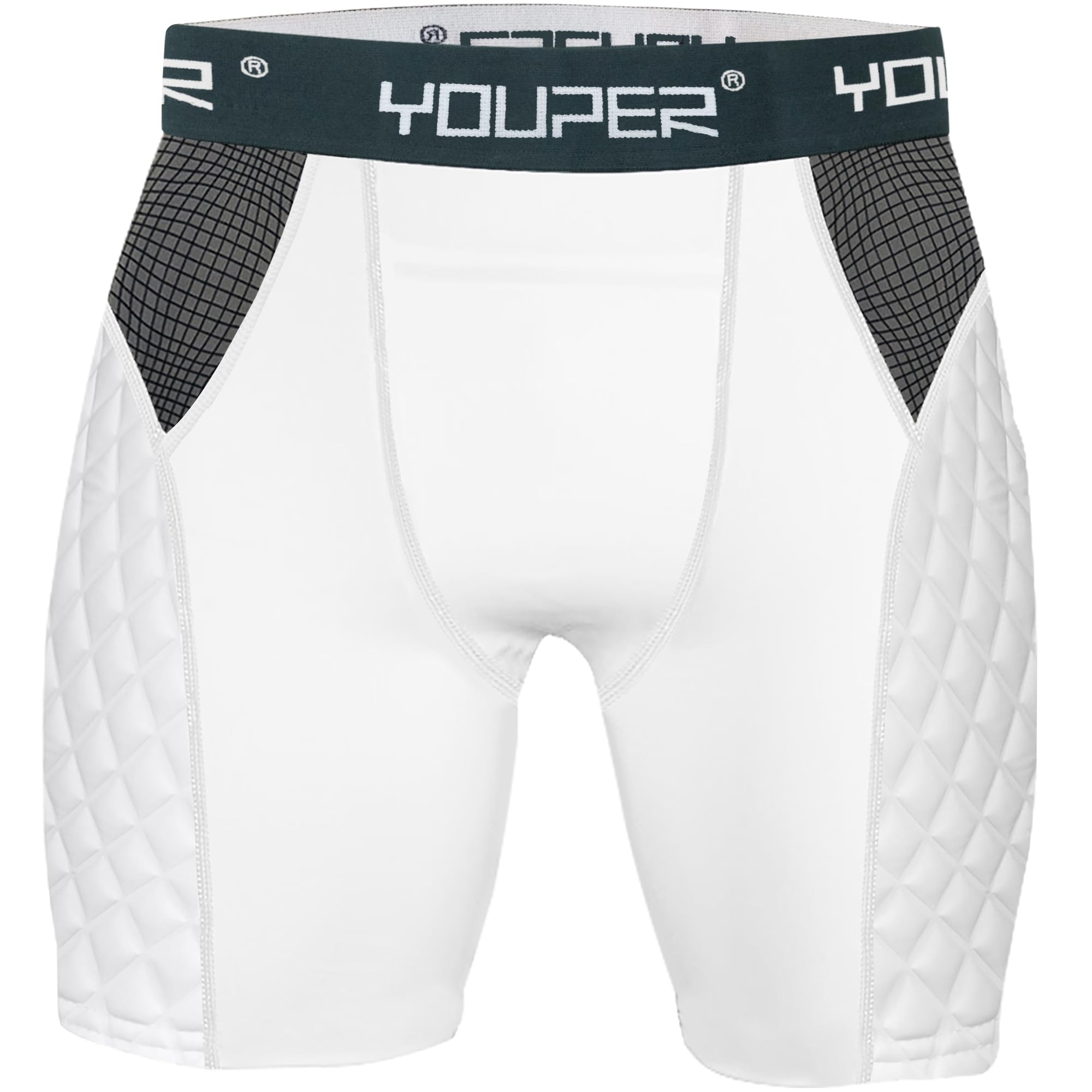 Youper Youth Elite Compression Padded Sliding Shorts W/Cup Pocket For Baseball, Football (White, Large)