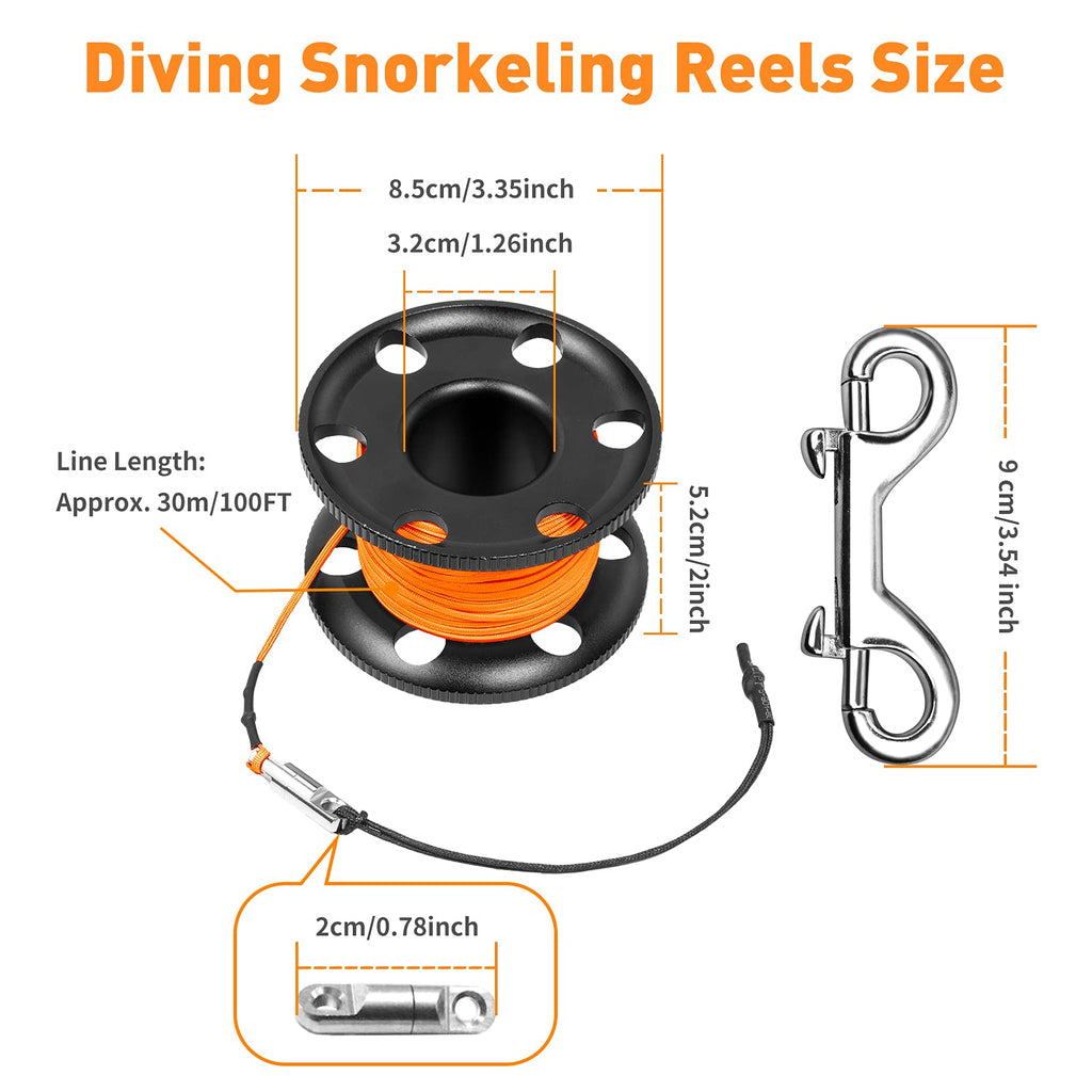 100Ft Scuba Diving Reel, Aluminum Alloy Large Scuba Spool Finger Reel With Double-Ended Bolt Snap Clip For Underwater Scuba Divi