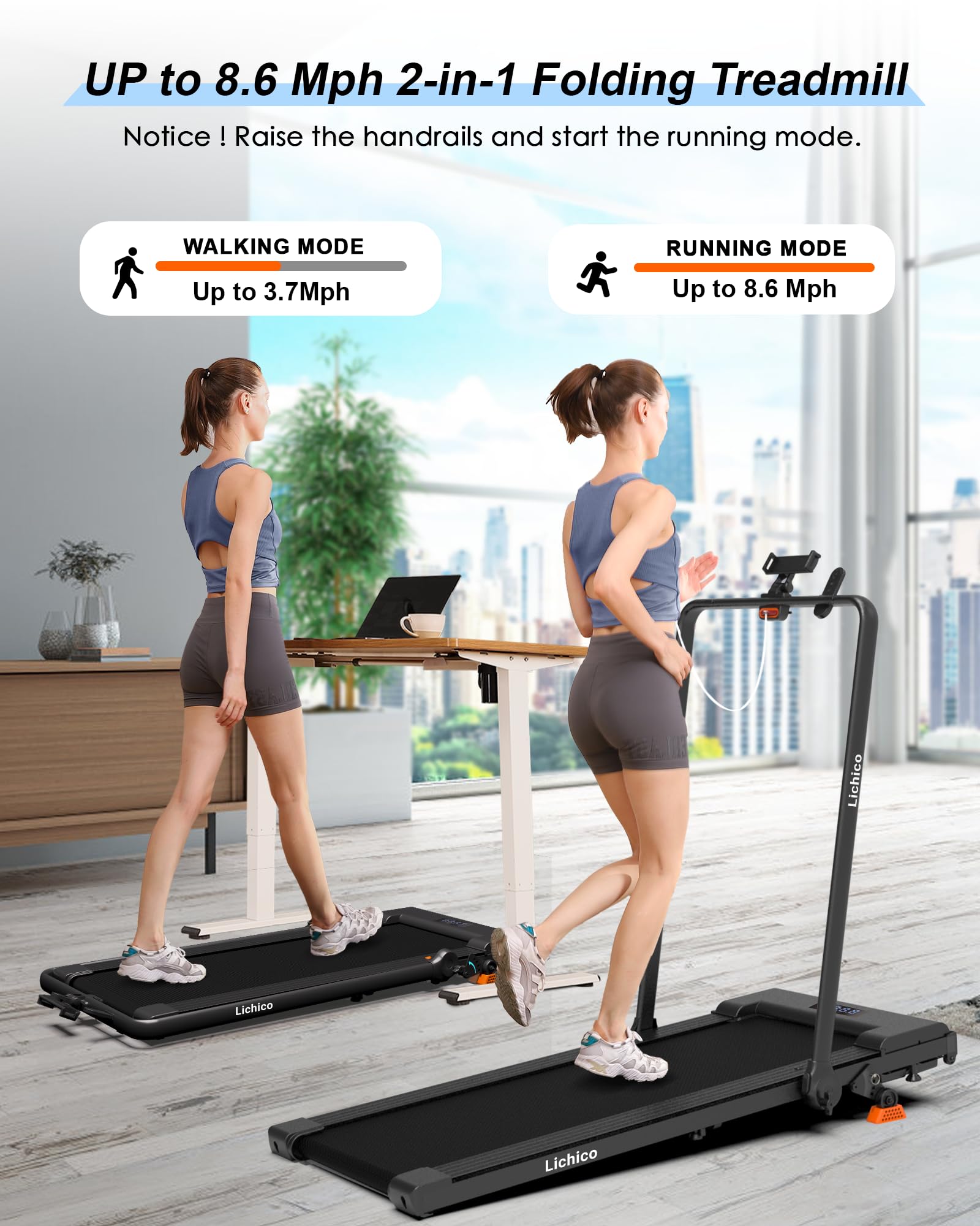 Lichico Treadmill With Incline Walking Pad Under Desk For Home And Office, 8.7Mph Compact Portable Folding Treadmill With Handle