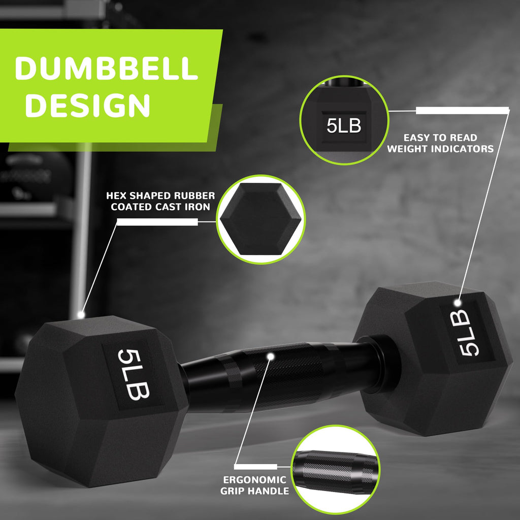 Fitvids Rubber Encased Exercise & Fitness Hex Dumbbell, Hand Weights With Anti-Slip Metal Handle For Home Gym, Multiple Sizes, 5