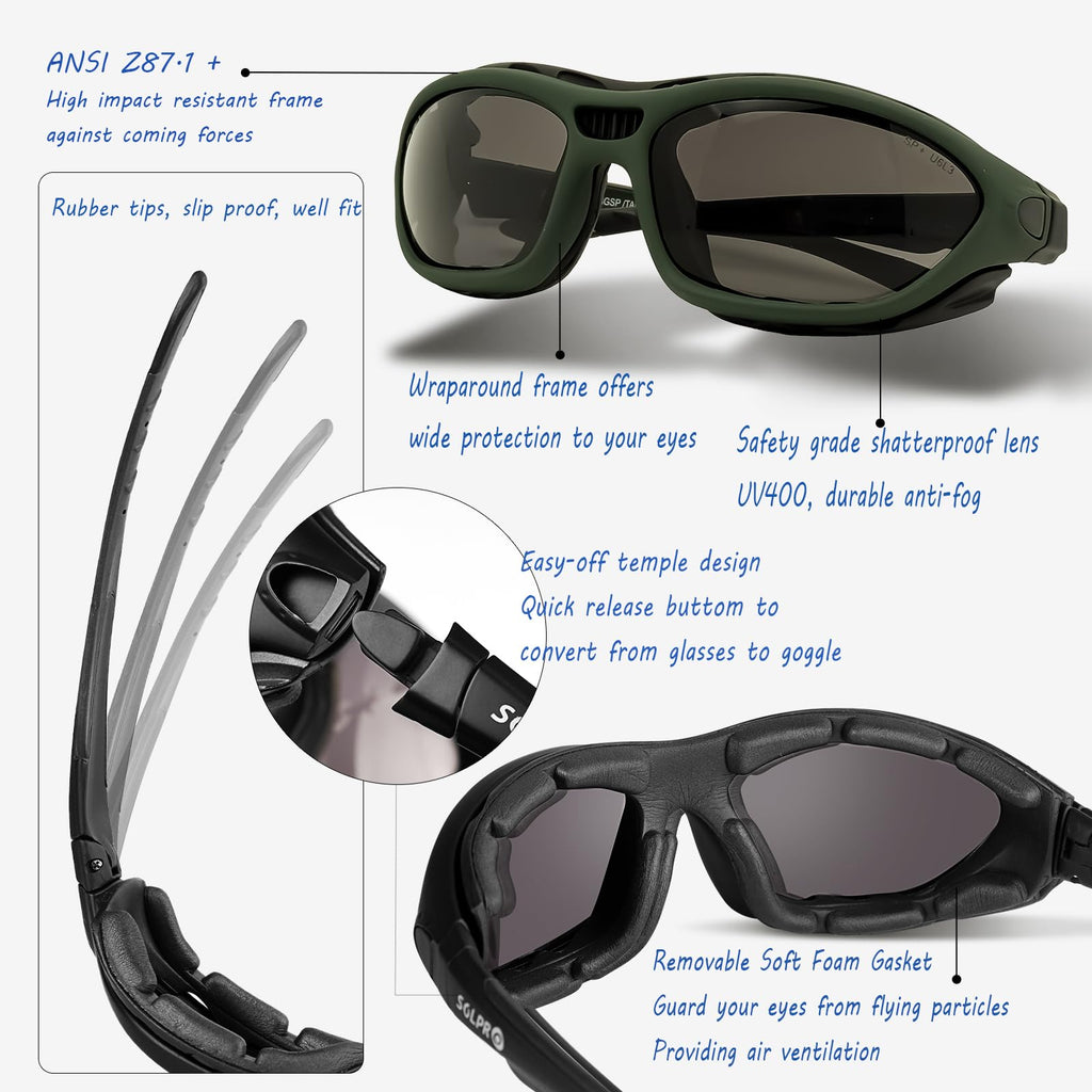 Sol Pro Anti-Fog Safety Motorcycle Riding Sunglasses, Foam Padded, Eye Protection Goggle, Dustproof, Windproof, Hunting, Hiking,