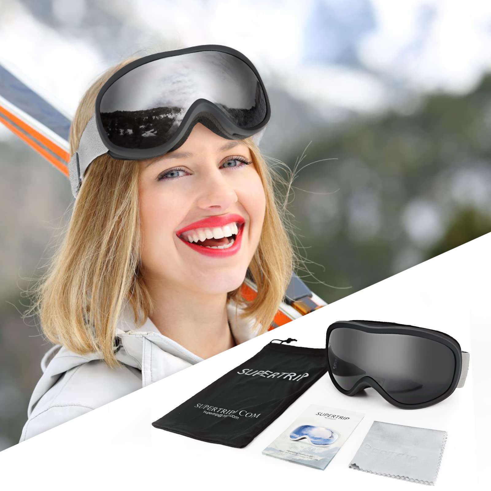 Supertrip Snow Ski Goggles Anti-Fog 100% Uv Protection Snowboard Skiing Goggles (Black Frame/Gray Lens (Vlt 10%))