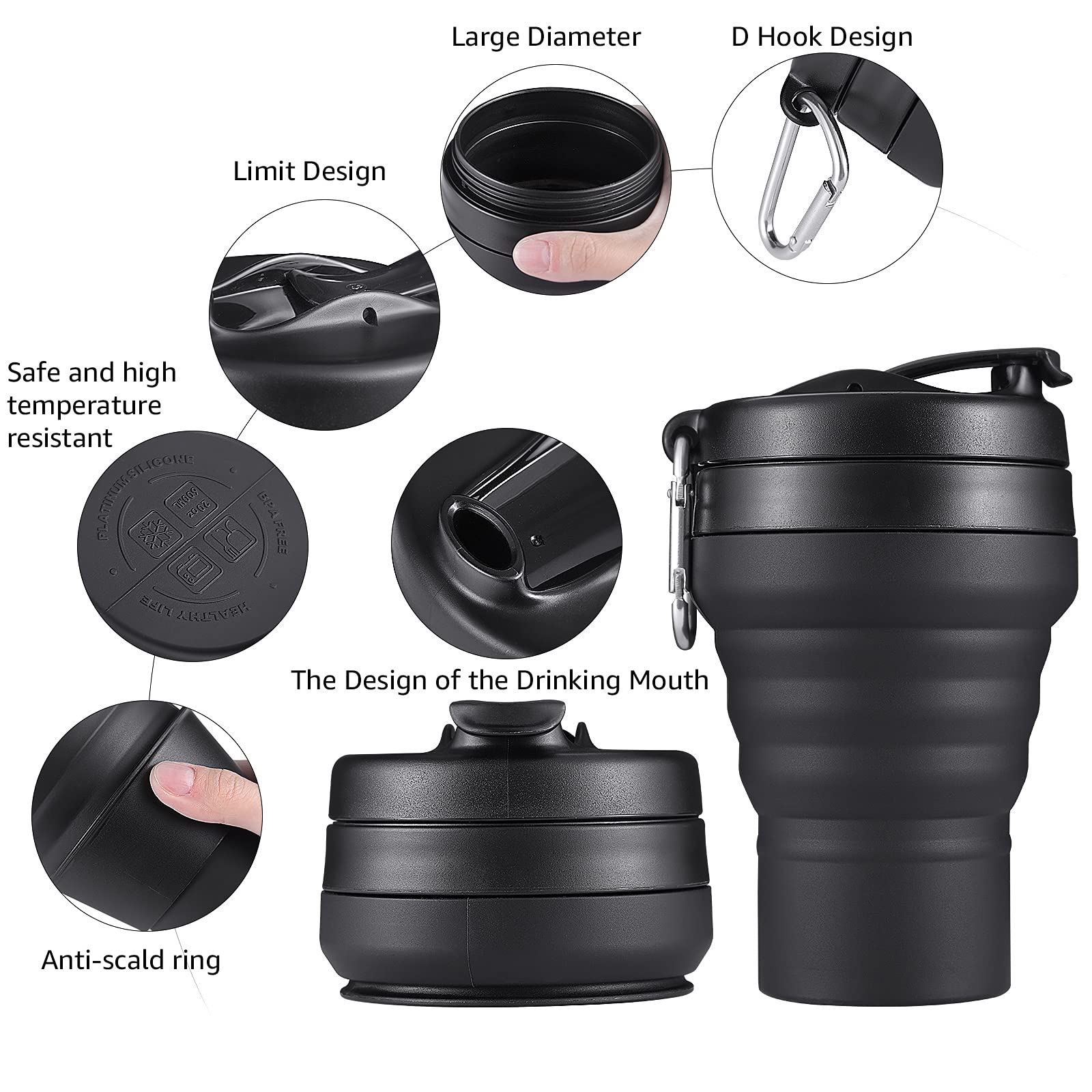 Easyxq Collapsible Travel Cup, 20 Oz 600Ml Silicone Folding Camping Cup, Leak Proof Bpa Free Portable Cup, Sport Bottle With Lid