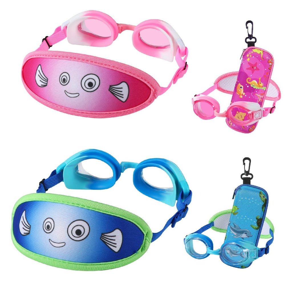 Ruigao Kids Swim Goggles Age 2-6, Toddler Goggles No Hair Pull,Child Goggles Padded Headband (2Pk - Pink/Blue Fish)