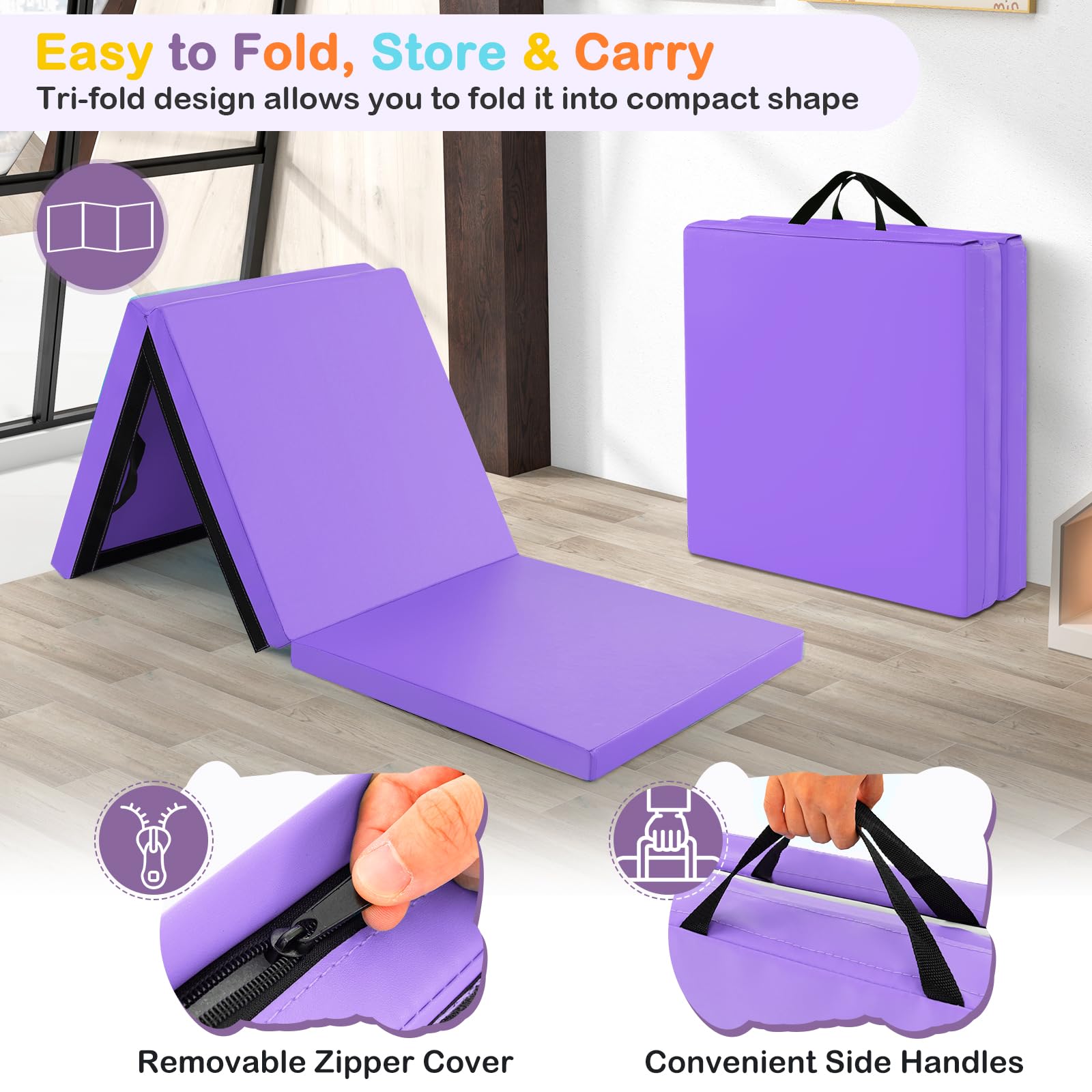 Gymax Folding Gymnastics Mat, Tri-Fold 6X 2X 2Exercise Mat With Carrying Handles, Waterproof Pu Leather, Hook & Loop Fasteners,