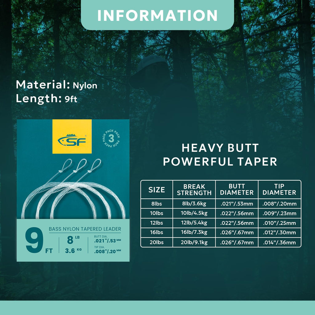 Sf Pre-Tied Loop Heavy Butt Fly Fishing Bass Tapered Leader High Knot Strength Clear Nylon For Bass/Large Flies 3 Packs 9Ft 8Lb