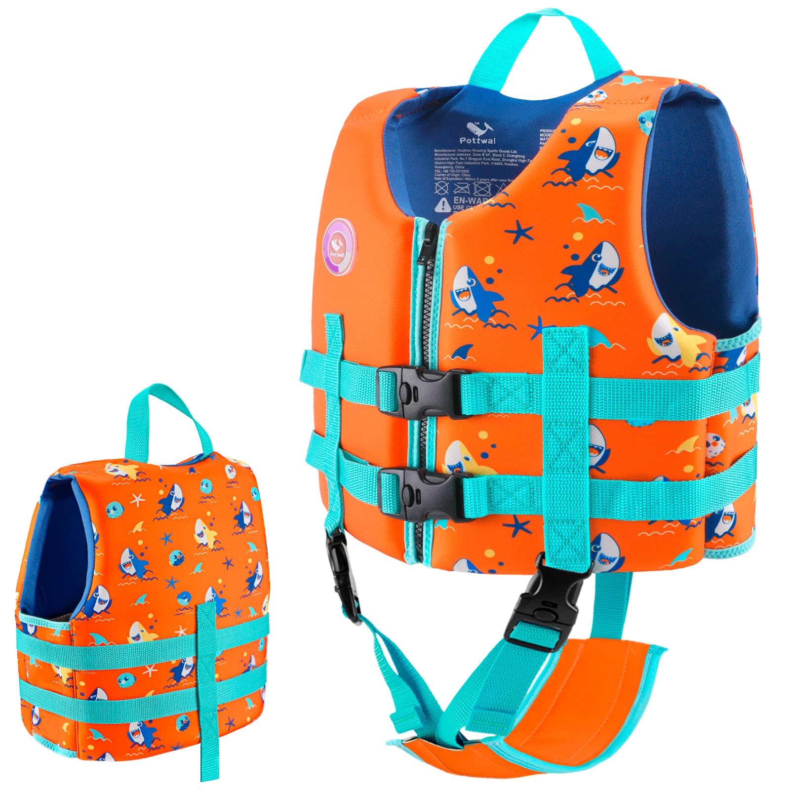 Pottwal Swim Vest for Kids - Swim Jacket for 6-9 Years (66-77 LBS) - Puddle Jumper with Adjustable Crotch Strap - Made of Neopre