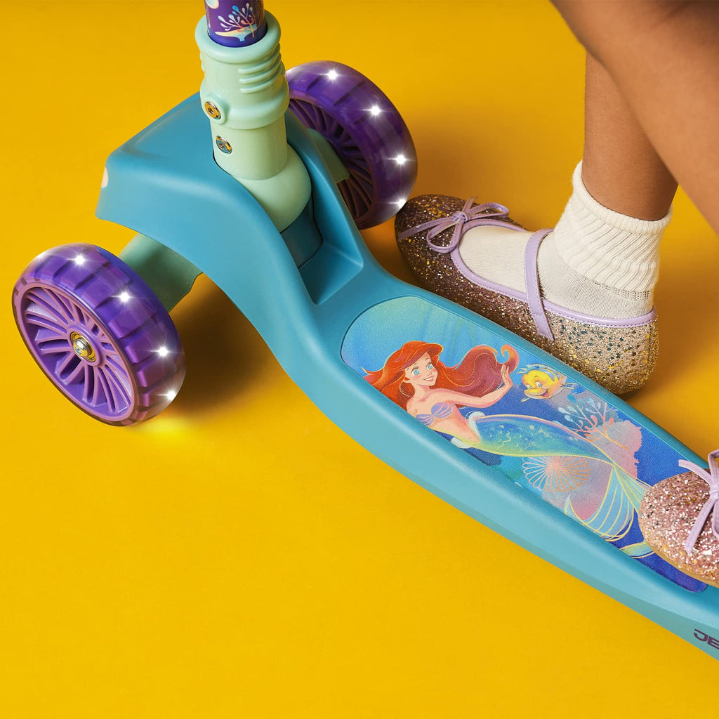 Jetson Disneys The Little Mermaid Three-Wheel Kids Kick Scooter | Includes LED Lights on Stem & Light-Up Wheels |Height-Adjust