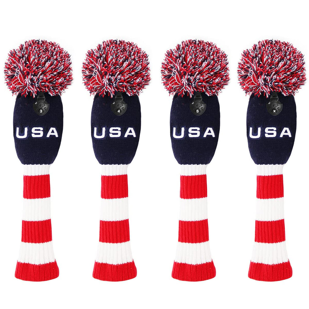 Golf 4 Hybrid Head Cover Headcover Knit Knitted Pom Pom Usa Rescue Hybrids Utility Ut Club Headcover For Hybrids With Adjustable