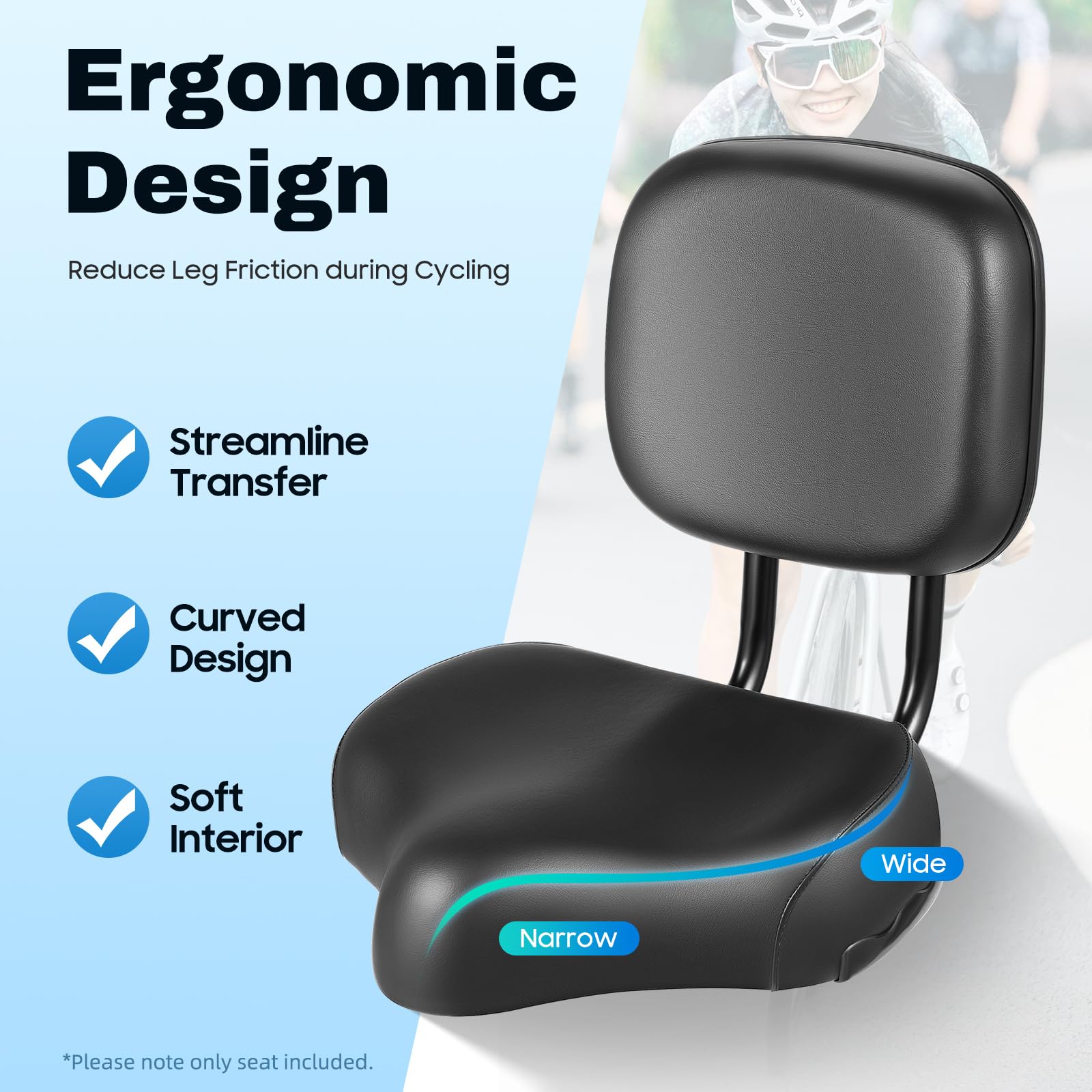 Extra Wide Bike Seat With Backrest And Comfortable Ergonomic Design For Men And Women - Adjustable Height Leather Saddle Pad For