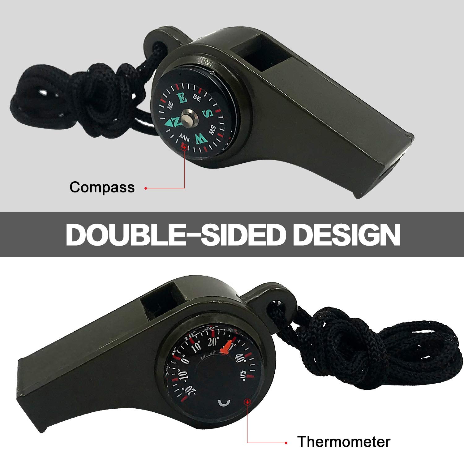 Meinvshe 4 Pack Emergency Survival Whistle, 3-In-1 Emergency Whistles With Compass And Thermometer, Loud Safety Whistle With Lan