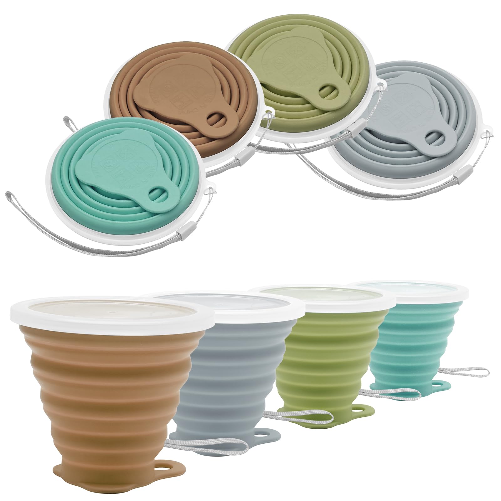 Litoexpe 4 Pack Silicone Collapsible Travel Cup Portable Folding Camping Cup Sets With Lids, Mint Green & Light Gray & Mustard Y