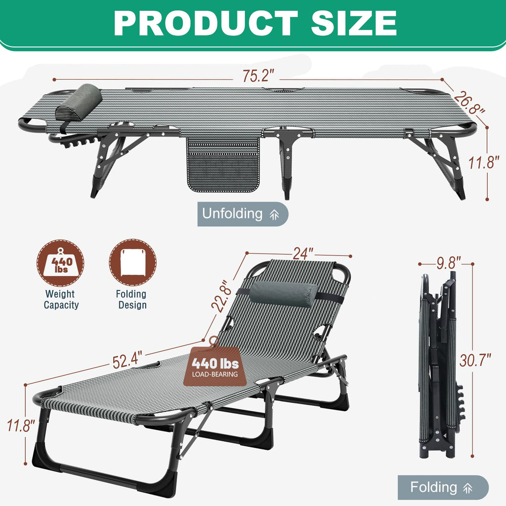 Camping Cot, Adjustable 4-Position Adults Reclining Folding Chaise With Pillow, Outdoor Portable Lounge Chair Sleeping Cots Bed,