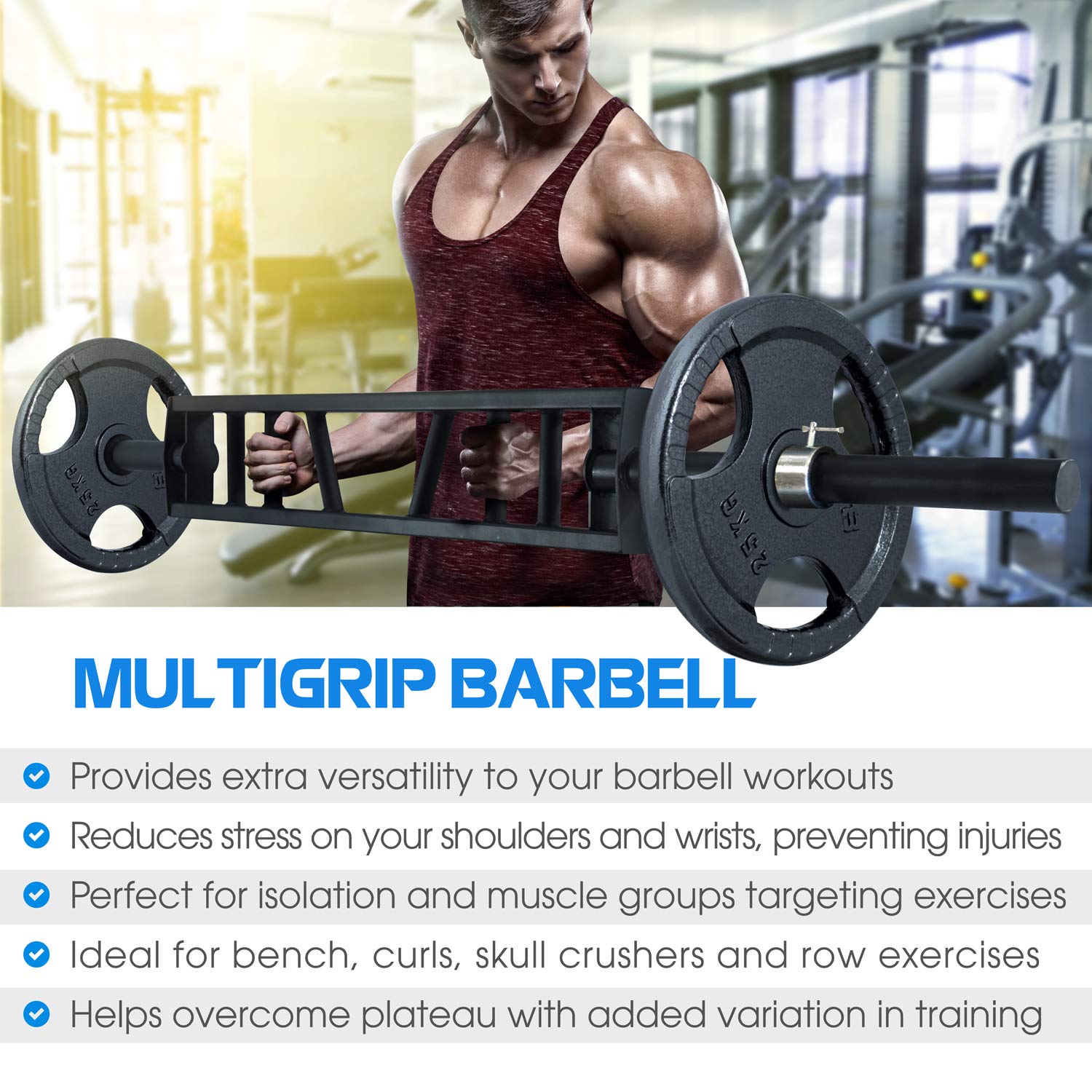 Yes4All Multi Grip Barbell - Swiss Bar, American Bar With 2 Collars, Fits Olympic Weight Plates - Commercial And Home Gym & Supp